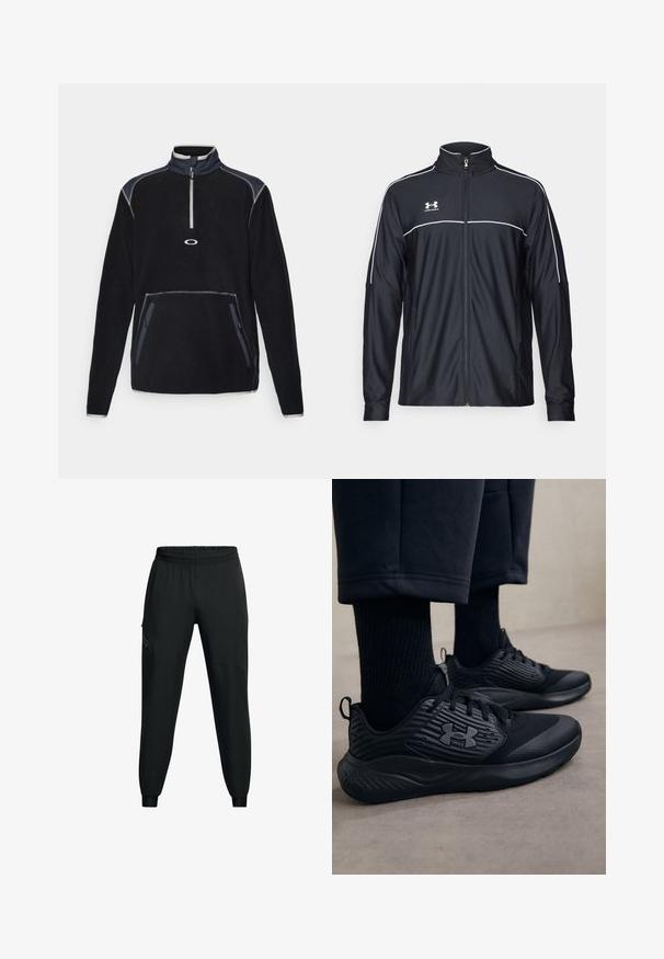 Giacca sportiva nera realizzata in tessuto liscio, con colletto alto, zip completa e piping bianco lungo le spalle e il petto.; Pullover in felpa nero con colletto alto, zip frontale a metà, due tasche laterali e cuciture a contrasto in grigio e accenti blu navy.; Pantaloni sportivi neri con fascia elastica in vita, design con gamba affusolata, tasche laterali e dettagli a pannello a contrasto. Tessuto leggero e morbido.; Persona che indossa sneakers sportive nere con lati testurizzati e logo, abbinate a calze nere e pantaloni corti su un pavimento chiaro.