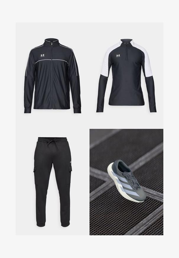 Zwarte sportjack van soepel materiaal, met een hoge kraag, volledige ritssluiting en witte piping langs de schouders en borst.; Under Armour CHALLENGER PRO - Longsleeve - black/white; Jack & Jones Performance JPSTGORDON JJBASIC ICE CARGO PANTS - Broek - black; Sportschoen in grijs en wit, gemaakt van synthetisch materiaal, met een gestroomlijnd ontwerp, textuurafwerking en een opvallend vetersysteem.