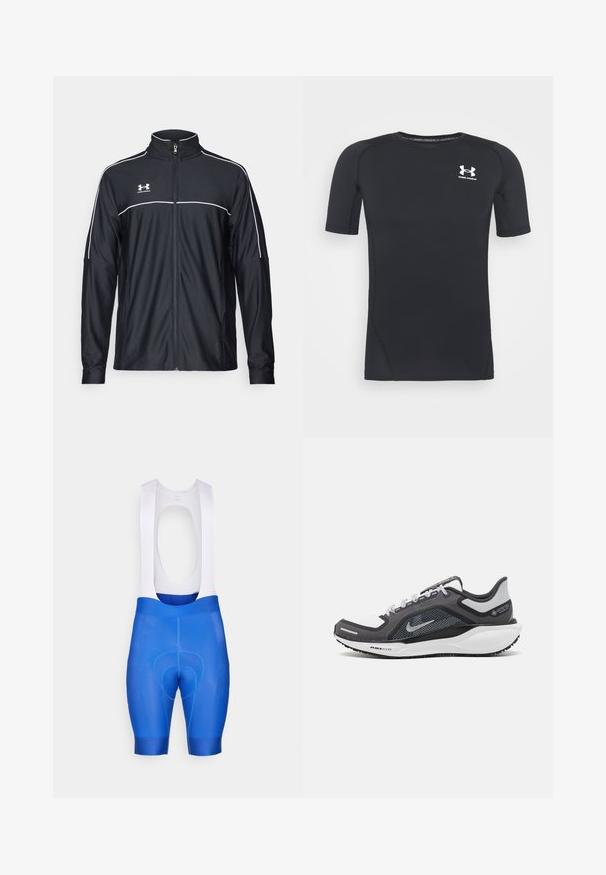 Musta urheilu takki, joka on valmistettu sileästä kankaasta. Takissa on korkea kaulus, täyspitkä vetoketju ja valkoiset tehosteet olkapäissä ja rinnassa.; Musta lyhythihainen urheilupaita, joka on valmistettu kosteutta siirtävästä, joustavasta kankaasta. Paidassa on pyöreä pääntie ja pieni valkoinen logo rinnassa.; Sinisiä pyöräilyhousuja, joissa on valkoiset olkaimet, varustettu pehmustetulla istuimella, sileällä pinnalla ja räätälöidyllä istuvuudella mukavuutta ja suorituskykyä varten.; Musta ja harmaa urheilukenka, jossa on verkkopäällinen, heijastavat yksityiskohdat ja valkoinen välipohja. Varustettu kuvioidulla kumipohjalla ja nauhoilla.