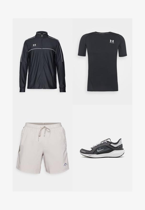 Chaqueta deportiva negra de tejido suave, con un alto cuello, cremallera completa y ribetes blancos en los hombros y el pecho.; Camiseta atlética negra de manga corta hecha de un tejido que absorbe la humedad y es elástico. Cuenta con un cuello redondo y un pequeño logo blanco en el pecho.; Bañador gris claro con un panel lateral texturizado, cintura elástica, cierre con cordón y un pequeño logotipo azul en la parte frontal.; Zapatilla deportiva negro y gris con parte superior de malla, acentos reflectantes y una entresuela blanca. Presenta una suela de goma texturizada y cordones.