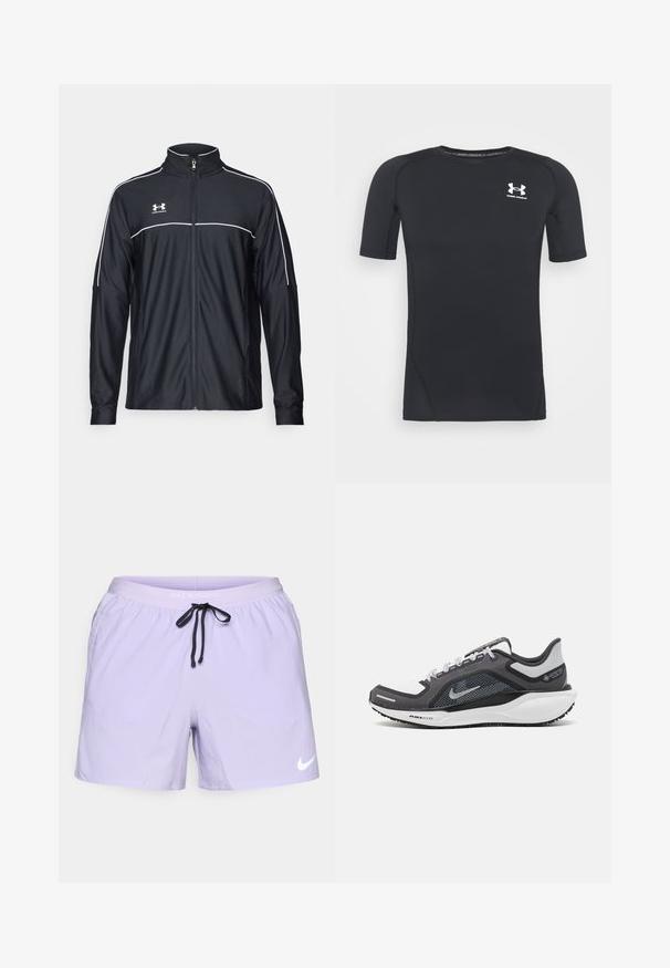 Svart treningsjakke laget av glatt stoff, med høy krage, full glidelås og hvite detaljer langs skuldrene og brystet.; Svart kortermet treningsskjorte laget av fukttransporterende, stretchy stoff. Har rund hals og en liten hvit logo på brystet.; Nike løpeshorts i lys lilla, med en svart snor, elastisk livlås og to sidelommer. Hvit Nike-logo nederst til høyre.; Svart og grå atletisk sko med mesh-overdel, refleksdetaljer og hvit mellomsåle. Har strukturert gummisåle og lisser.