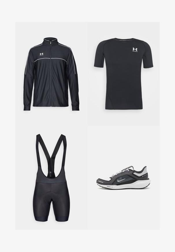 Črna športna jakna iz gladkega blaga, z visokim ovratnikom, polnim zadrgo in belim obrobljanjem ob ramenih in prsih.; Črna kratka športna majica z dolgimi rokavi iz tkanine, ki odvaja vlago in je raztegljiva. Ima okroglo ovratnico in majhen beli logotip na prsih.; Črne kolesarske hlače s podloženim ščitnikom za udobje in nastavljivimi naramnicami. Gladka površina in tesen kroj.; Črne in sive atletske čevlje z mrežasto zgornjim delom, odsevnimi detajli in belim srednjim podplatom. Imajo strukturiran gumijast podplat in vezalke.