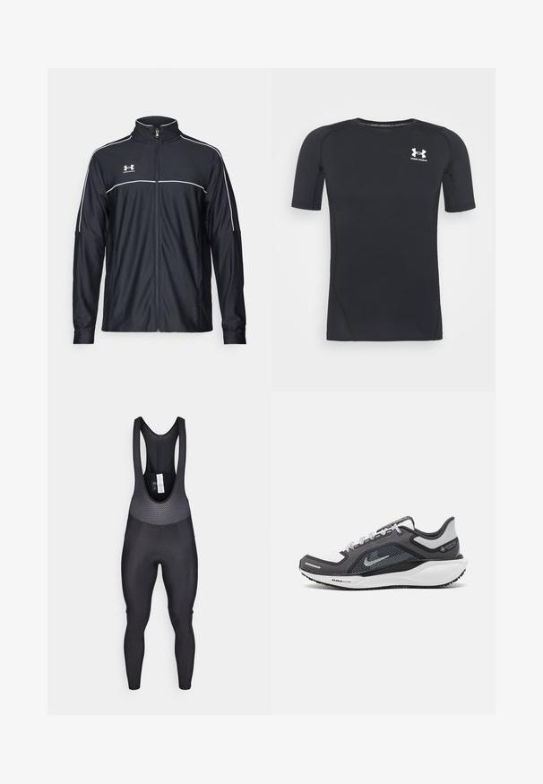 Juodas sportinis džemperis, pagamintas iš lygaus audinio, turintis aukštą apykaklę, pilną užtrauktuką ir baltą apvadą palei pečius ir krūtinę.; Juodas trumpomis rankovėmis sportinis marškinėlis, pagamintas iš drėgmės sugeriančios, tamprios medžiagos. Turi apvalų iškirpimą ir mažą baltą logotipą ant krūtinės.; Juodi dviratininkų šortai su tekstūruotu viršutiniu panele, turinčia tinklinį dizainą, priglundantys keliai ir paminkštinta sėdynė patogumui.; Juodas ir pilkas sportinis batelis su tinkleliu viršuje, atspindinčiais akcentais ir balta vidurinė dalimi. Yra tekstūruota guminė išorinė pada ir raišteliai.