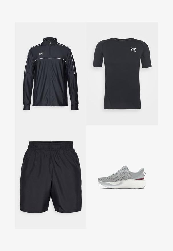 Čierna športová bunda vyrobená z hladkej látky, s vysokým golierom, plným zipsom a bielymi pásikmi pozdĺž ramien a hrudníka.; Čierne športové tričko s krátkym rukávom z látky, ktorá odvádza vlhkosť a je elastická. Má okrúhly výstrih a malú bielu nášivku na hrudi.; Čierne športové šortky vyrobené z ľahkej hladkej tkaniny. Majú elastický pás a rovný strih bez viditeľných vzorov alebo akcentov.; Šedá bežecká obuv s priedušným zvrškom, ktorý má červené akcenty, hrubú bielu podrážku a textúrovaný dizajn pre lepšiu priľnavosť.