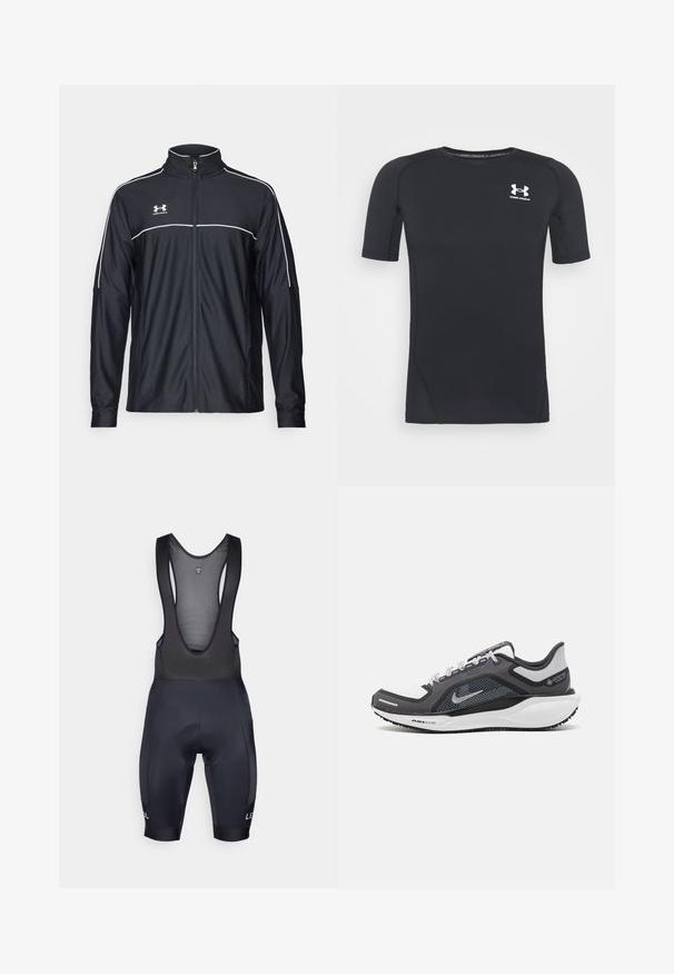 Čierna športová bunda vyrobená z hladkej látky, s vysokým golierom, plným zipsom a bielymi pásikmi pozdĺž ramien a hrudníka.; Čierne športové tričko s krátkym rukávom z látky, ktorá odvádza vlhkosť a je elastická. Má okrúhly výstrih a malú bielu nášivku na hrudi.; Čierne cyklistické šortky s okami na ramienkach, polstrovaným sedadlom a elastickými manžetami. Obsahuje logo na ľavom stehne a priliehavý, aerodynamický dizajn.; Čierna a sivá športová obuv s vrchnou časťou z priedušného materiálu, reflexné akcenty a biely medzipodrážka. Obsahuje štruktúrovanú gumovú podrážku a šnúrky.