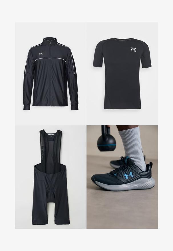 Černá sportovní bunda vyrobena z hladké látky, s vysokým límcem, plným zipem a bílým prošíváním podél ramen a hrudi.; Černé sportovní tričko s krátkým rukávem vyrobené z materiálu odvádějícího vlhkost a pružného tkaniny. Má kulatý výstřih a malé bílé logo na prsou.; Černé cyklistické šortky s elastickým materiálem, síťovými ramínky, polstrovaným sedacím prostorem a logem blízko lemu. Lehce a přiléhavý design.; Černá sportovní obuv s modrými akcenty, texturovaným svrškem a šedou podrážkou. Nosená se šedými žebrovanými ponožkami, vedle černého kettlebellu.