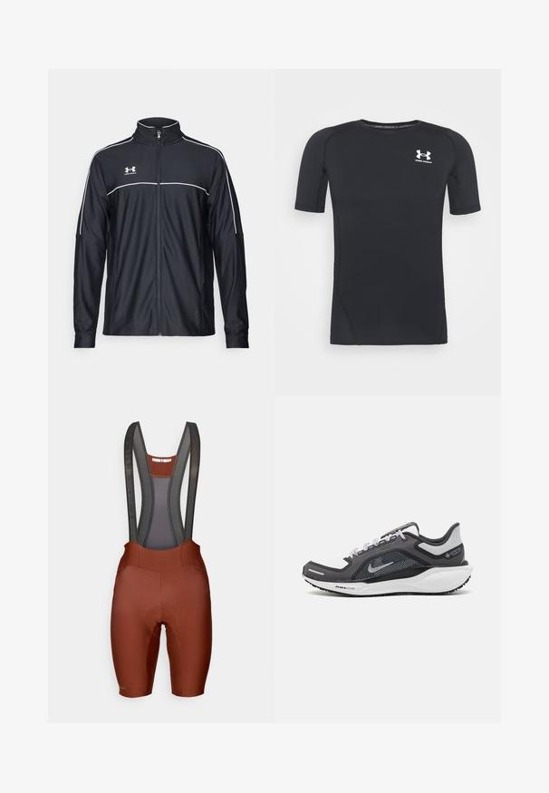 Chaqueta deportiva negra de tejido suave, con un alto cuello, cremallera completa y ribetes blancos en los hombros y el pecho.; Camiseta atlética negra de manga corta hecha de un tejido que absorbe la humedad y es elástico. Cuenta con un cuello redondo y un pequeño logo blanco en el pecho.; Pantalones cortos marrones con tirantes de malla, asiento acolchado y costuras en contraste. Tela de textura suave, corte ajustado para ciclismo.; Zapatilla deportiva negro y gris con parte superior de malla, acentos reflectantes y una entresuela blanca. Presenta una suela de goma texturizada y cordones.