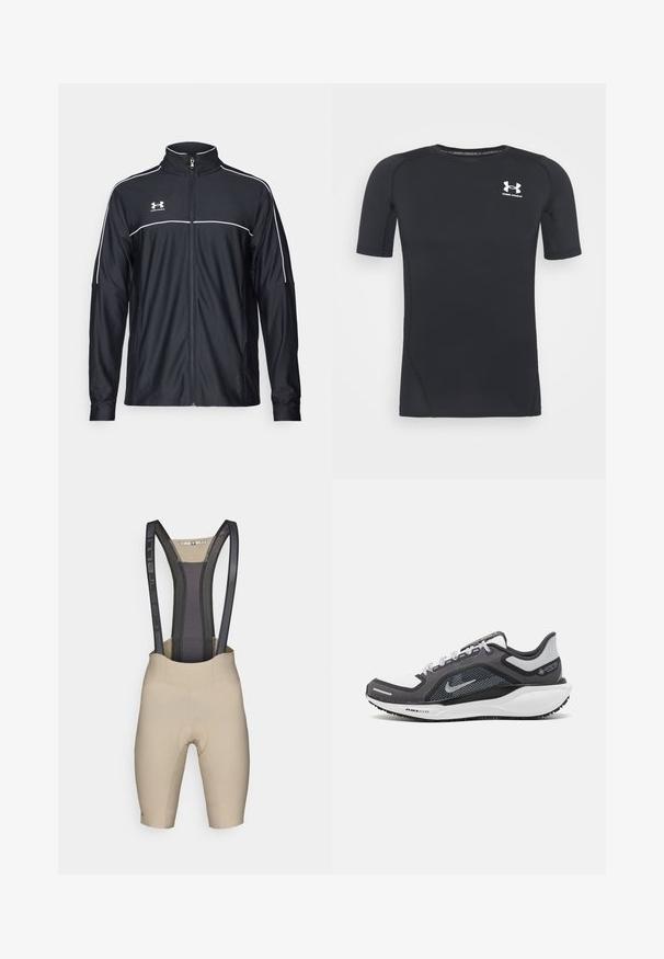 Črna športna jakna iz gladkega blaga, z visokim ovratnikom, polnim zadrgo in belim obrobljanjem ob ramenih in prsih.; Črna kratka športna majica z dolgimi rokavi iz tkanine, ki odvaja vlago in je raztegljiva. Ima okroglo ovratnico in majhen beli logotip na prsih.; Bež kolesarske kratke hlače s črnimi mrežastimi naramnicami, ki imajo oblazinjen sedežni del in mehko, raztegljivo tkanino za udobje in podporo.; Črne in sive atletske čevlje z mrežasto zgornjim delom, odsevnimi detajli in belim srednjim podplatom. Imajo strukturiran gumijast podplat in vezalke.