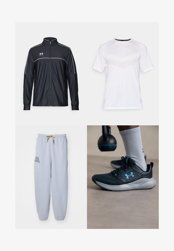 Musta urheilu takki, joka on valmistettu sileästä kankaasta. Takissa on korkea kaulus, täyspitkä vetoketju ja valkoiset tehosteet olkapäissä ja rinnassa.; Valkoinen lyhythihainen urheilupaita, jossa on teksturoitu geometrinen kuvio edessä, valmistettu kevyestä kankaasta, pyöreä pääntie ja rento malli.; Harmaat harmaat verkkarit, jotka on valmistettu puuvillasekoitteesta. Varusteena joustava vyötärö, jossa on keltainen nyöri, sivutaskut ja "Under Armour" -logo vihreänä.; Mustat urheilukengät sinisillä yksityiskohdilla, teksturoitu pinta ja harmaa pohja. Vaatteena harmaat ribbited socksit, mustan kettlebellin vieressä.