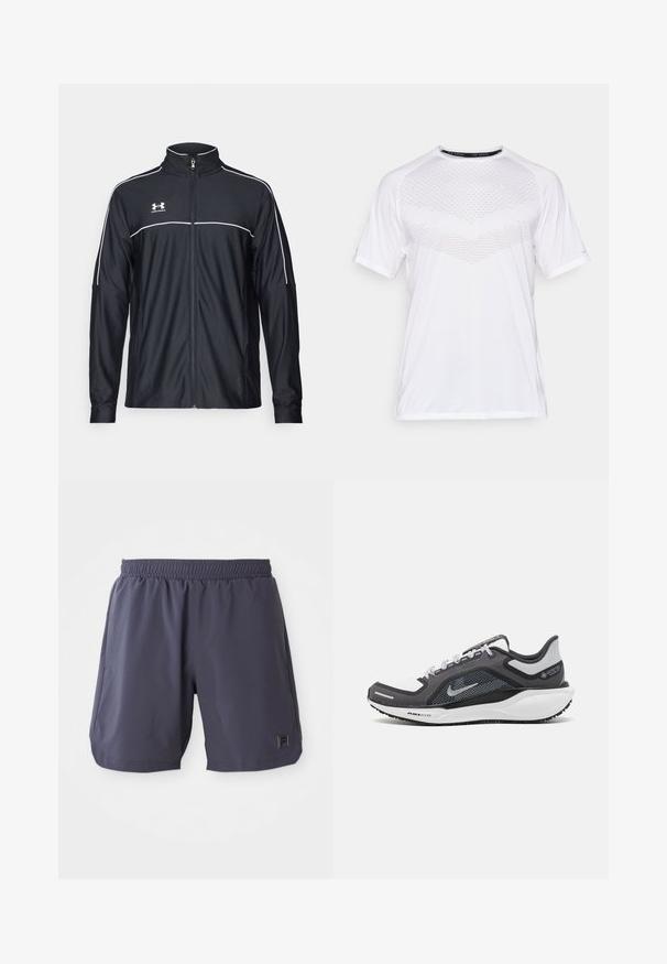 Jaqueta atlética preta feita de tecido liso, com gola alta, fecho éclair completo e detalhes em branco ao longo dos ombros e do peito.; Camiseta atlética branca de manga curta com um padrão geométrico texturizado na frente, feita de um tecido leve, com decote arredondado e corte solto.; Shorts desportivos de cintura elástica cinza-escuro com bolsos laterais e um pequeno logo no canto inferior direito da perna.; Sapatilha atlética preta e cinza com parte superior em malha, detalhes reflexivos e uma entressola branca. Apresenta uma sola de borracha texturizada e atacadores.