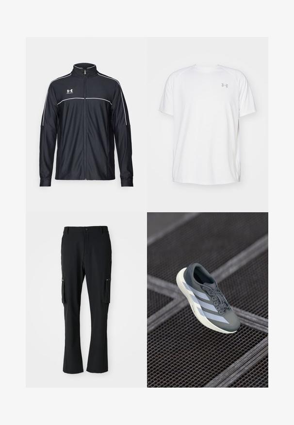 Black athletic jacket made of smooth fabric, featuring a high collar, full zipper, and white piping along the shoulders and chest.; White short-sleeve athletic shirt made of smooth fabric. Features a crew neck and gray logo on the left chest, with side slits at the hem.; Black cargo pants made of lightweight fabric, featuring two side pockets, button closure, and a straight leg design.; Sport shoe in gray and white, made of synthetic material, with a streamlined design, textured finish, and prominent lacing system.