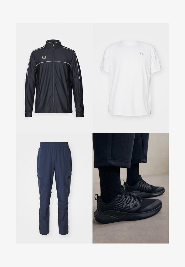Čierna športová bunda vyrobená z hladkej látky, s vysokým golierom, plným zipsom a bielymi pásikmi pozdĺž ramien a hrudníka.; Biele atletické tričko s krátkym rukávom vyrobené z hladkej tkaniny. Má okrúhly výstrih a šedé logo na ľavej hrudi, so štrbinami po stranách na leme.; Námornícke modré športové nohavice s elastickým pásom, so zipsovými bočnými vreckami a čiernymi akcentmi na dolných nohách. Hladký, ľahký materiál.; Osoba v čiernych atletických teniskách s textúrovanými bokmi a logom, v doplnku s čiernymi ponožkami a skrátenými nohavicami na svetlej podlahe.