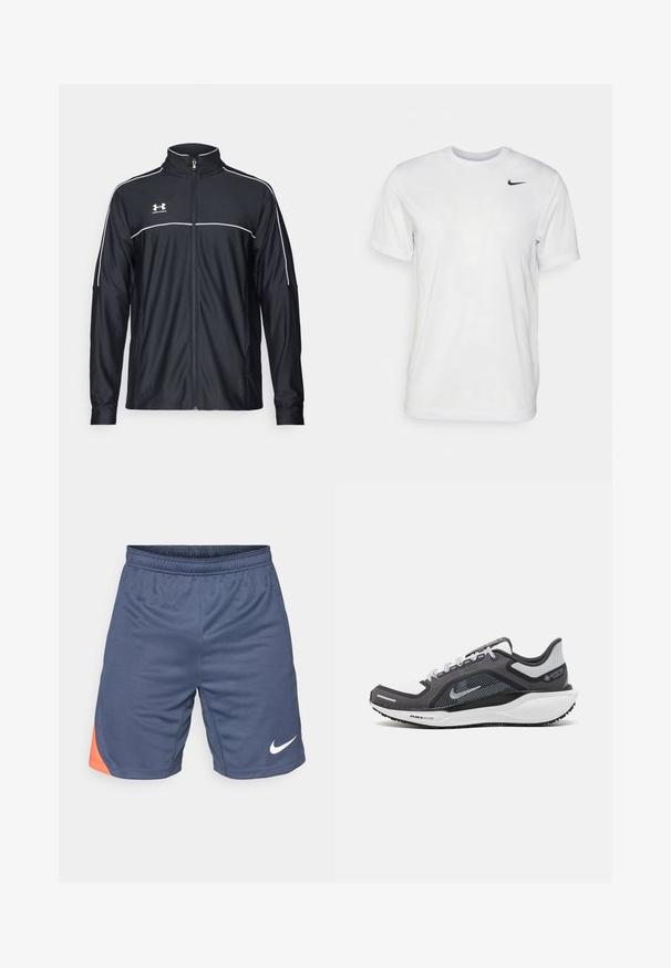 Chaqueta deportiva negra de tejido suave, con un alto cuello, cremallera completa y ribetes blancos en los hombros y el pecho.; Camiseta blanca de manga corta hecha de tela suave. Presenta un cuello redondo y un pequeño logo negro de Nike en el pecho izquierdo.; Pantalones cortos deportivos de color azul marino con un acento naranja en el lado izquierdo. Hechos de una tela ligera con una cintura elástica y un logo en blanco.; Zapatilla deportiva negro y gris con parte superior de malla, acentos reflectantes y una entresuela blanca. Presenta una suela de goma texturizada y cordones.