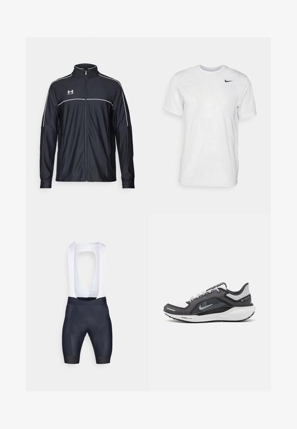 Musta urheilu takki, joka on valmistettu sileästä kankaasta. Takissa on korkea kaulus, täyspitkä vetoketju ja valkoiset tehosteet olkapäissä ja rinnassa.; Valkoinen lyhythihainen t-paita, joka on valmistettu sileästä kankaasta. Ominaisuuksina pyöreä kaula-aukko ja pieni musta Nike-logo vasemmassa rinnassa.; Miestenské cyklistické šortky s bielymi traky, vyrobené z elastického materiálu; námornícka modrá farba s polstrovaným sedadlom pre pohodlie a minimálnymi švami.; Musta ja harmaa urheilukenka, jossa on verkkopäällinen, heijastavat yksityiskohdat ja valkoinen välipohja. Varustettu kuvioidulla kumipohjalla ja nauhoilla.