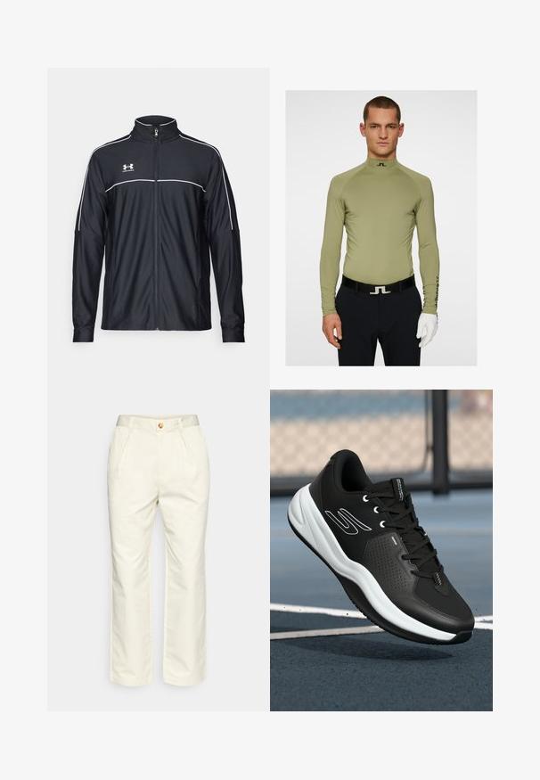 Musta urheilu takki, joka on valmistettu sileästä kankaasta. Takissa on korkea kaulus, täyspitkä vetoketju ja valkoiset tehosteet olkapäissä ja rinnassa.; Pitkähihainen, oliivinvihreä golfpaita, jossa on korkea kaulus ja logo kaulan kohdalla. Joustava, vartalonmyötäinen muotoilu; yhdistetty tummiin housuihin ja mustaan vyöhön.; Valkoiset puuvillahousut, joissa on rento istuvuus, etuolkaimet ja napitus. Kankaan pinta on sileä.; Mustat urheilukengät, joissa on teksturoitu päällisosa, valkoiset yksityiskohdat ja pehmeä valkoinen pohja. Varustettu nauhoilla ja reikämäisellä suunnittelulla hengittävyyden parantamiseksi.