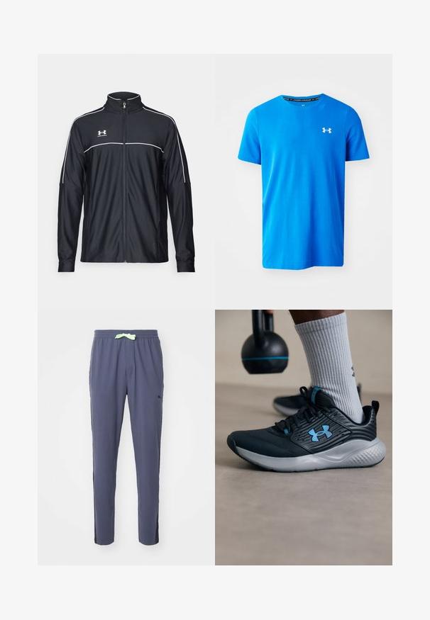 Svart treningsjakke laget av glatt stoff, med høy krage, full glidelås og hvite detaljer langs skuldrene og brystet.; Blå kortermet T-skjorte laget av pustende stoff, med et subtilt teksturert mønster og en hvit Under Armour-logo på brystet.; Marinebukser laget av mykt materiale med elastisk midje og en lys grønn snor, samt svarte aksenter på siden.; Svarte idrettsko med blå detaljer, teksturert overdel og grå såle. Brukt med grå ribbestrikkede sokker, ved siden av en svart kettlebell.