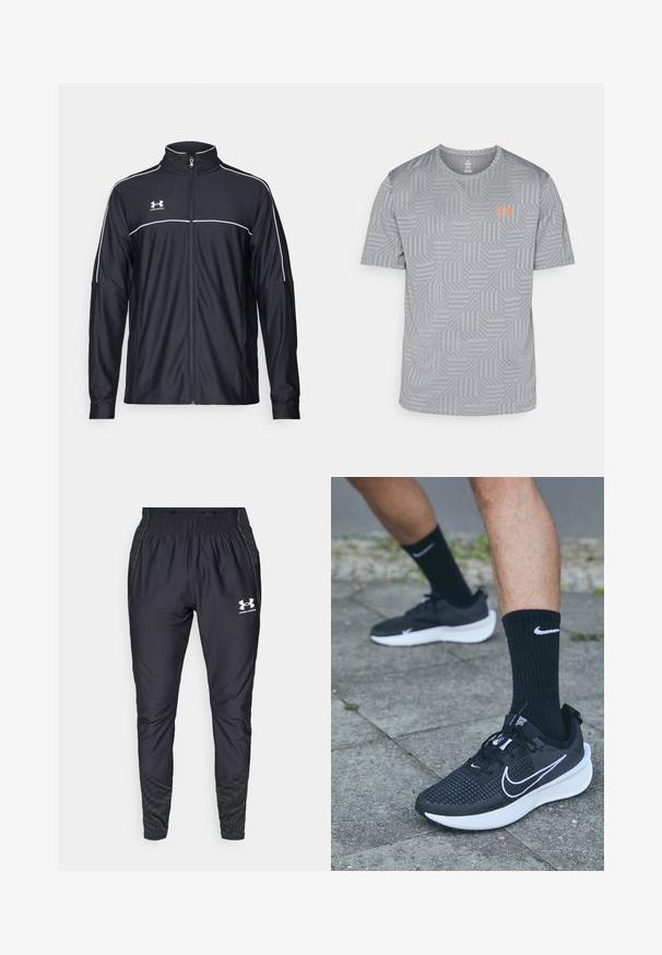Fekete sportdzseki sima szövetből, magas nyakkal, teljes cipzárral és fehér díszítéssel a vállakon és a mellkason.; Rövid ujjú szürke póló geometrikus mintával, narancssárga logóval a bal mellkasi részen. Könnyű, lélegző anyagból készült.; Under Armour PRO PANT - Tréningruha alsók - black/white; Nike Performance INTERACT RUN - Terepfutó cipők - black/white/anthracite