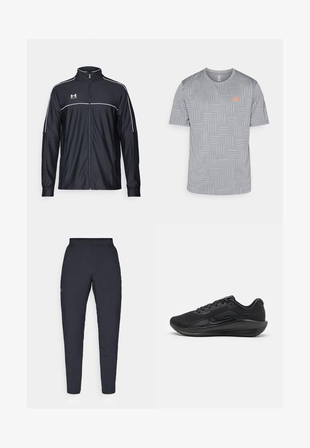 Čierna športová bunda vyrobená z hladkej látky, s vysokým golierom, plným zipsom a bielymi pásikmi pozdĺž ramien a hrudníka.; Sivé tričko s krátkym rukávom a geometrickým vzorom, so živicovým logom na ľavej strane hrudníka. Vyrobené z ľahkej a priedušnej tkaniny.; Čierne športové nohavice s hladkým povrchom, priliehavým strihom, elastickým pásom a bočnými vreckami. Obsahujú malé logo na ľavom stehne.; Čierne atletické topánky vyrobené z jemnej textílie a syntetických materiálov, s elegantným dizajnom, polstrovaným obvodom a gumovou podrážkou s trakciou.