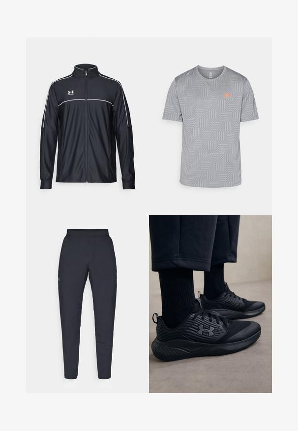 Fekete sportdzseki sima szövetből, magas nyakkal, teljes cipzárral és fehér díszítéssel a vállakon és a mellkason.; Rövid ujjú szürke póló geometrikus mintával, narancssárga logóval a bal mellkasi részen. Könnyű, lélegző anyagból készült.; Fekete sportnadrág sima textúrával, karcsú szabással, rugalmas derékrésszel és oldalzsebekkel. A bal combján egy kis logó található.; Fekete sportcipőt viselő személy, textúrált oldalakkal és logóval, fekete zoknikkal és térdig érő nadrággal egy világos padlón.