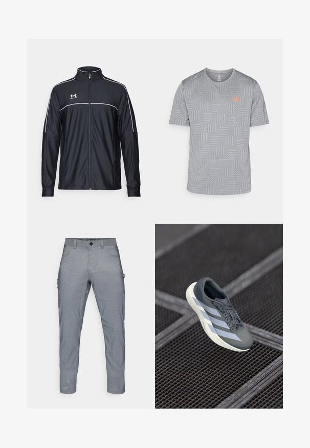 Μαύρο αθλητικό μπουφάν από λείο ύφασμα, με ψηλό γιακά, πλήρη φερμουάρ και λευκό ρέλι στους ώμους και στο στήθος.; Γκρίζο κοντομάνικο T-shirt με γεωμετρικό σχέδιο, χαρακτηρισμένο με πορτοκαλί λογότυπο στην αριστερή περιοχή του στήθους. Κατασκευασμένο από ελαφρύ, αναπνεύσιμο υλικό.; Γκρι, υφασμάτινα παντελόνια με υφή και ίσια γραμμή, που διαθέτουν κλείσιμο με κουμπί μπροστά, πλαϊνές τσέπες και μία επιπλέον τσέπη cargo στο αριστερό πόδι.; Αθλητικό παπούτσι σε γκρι και λευκό, κατασκευασμένο από συνθετικό υλικό, με κομψό σχεδιασμό, υφή και έντονο σύστημα δέσιμο.
