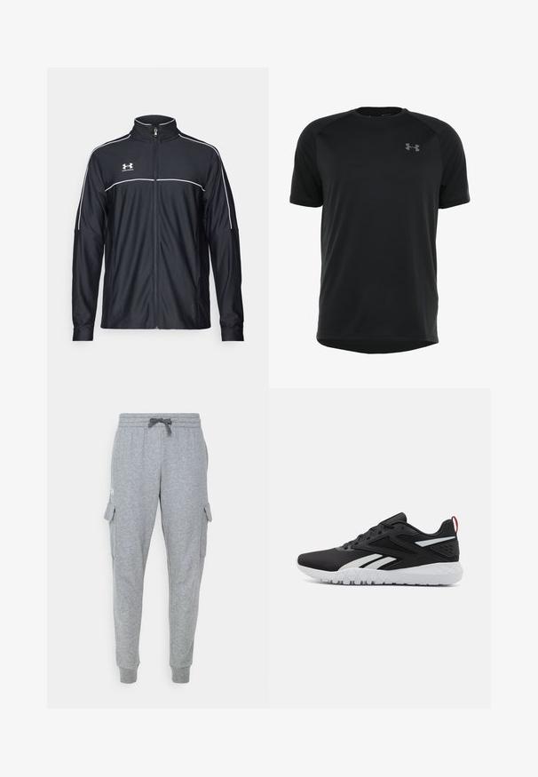 Crna sportska jakna od glatkog materijala, s visokim ovratnikom, punim zatvaračem i bijelim detaljima duž ramena i grudnog dijela.; Crna kratka majica s kratkim rukavima za sport izrađena od glatkog, laganog materijala. Ima okrugli dekolte i diskretan logo na grudima.; Sive trenirke od mekanog materijala, s elastičnim pojasom na kojem se može zategnuti, sa porama za pohranu i rebrastim manžetama.; Crne atletske cipele s mrežastim gornjim dijelom, bijelim akcentima, teksturiranim potplatom i crvenim detaljem na peti za dodatnu istaknutost.