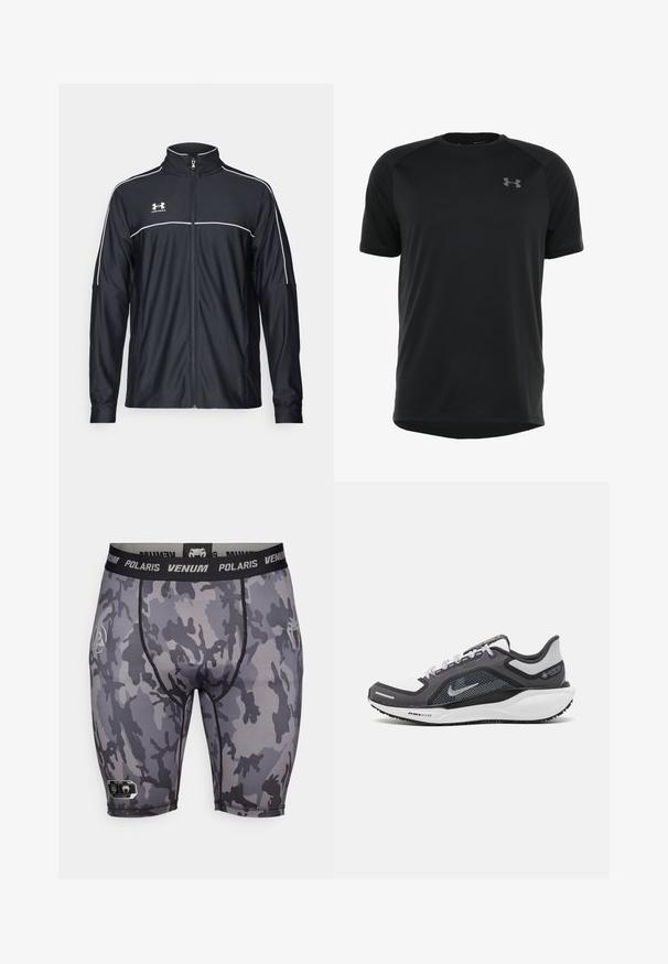 Schwarze Sportjacke aus glattem Material, mit hohem Kragen, durchgehendem Reißverschluss und weißen Paspeln entlang der Schultern und der Brust.; Schwarzes kurzärmeliges Sportshirt aus glattem, leichtem Material. Verfügt über einen runden Ausschnitt und ein dezentes Logo auf der Brust.; Graue Camouflage-Kompressionsshorts mit einem schwarzen Bund, auf dem "Venum Polaris" steht. Glatte Textur mit verstärkten Nähten und Logodetail.; Schwarzer und grauer Sportschuh mit einem Mesh-Obermaterial, reflektierenden Akzenten und einer weißen Zwischensohle. Verfügt über eine strukturierte Gummisohle und Schnürsenkel.