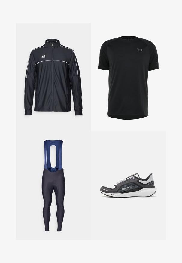 Jachetă sport neagră dintr-un material neted, cu guler înalt, fermoar complet și dungi albe pe umeri și piept.; Tricou sportiv negru cu mânecă scurtă, realizat dintr-un material neted și ușor. Are un guler rotund și un logo discret pe piept.; Rapha MENS CORE WINTER WITH PAD - Leggings - dark navy/navy; Încălțăminte sport neagră și gri, cu partea superioară din plasă, accente reflectorizante și o talpă intermediară albă. Dispune de o talpă din cauciuc texturat și șireturi.