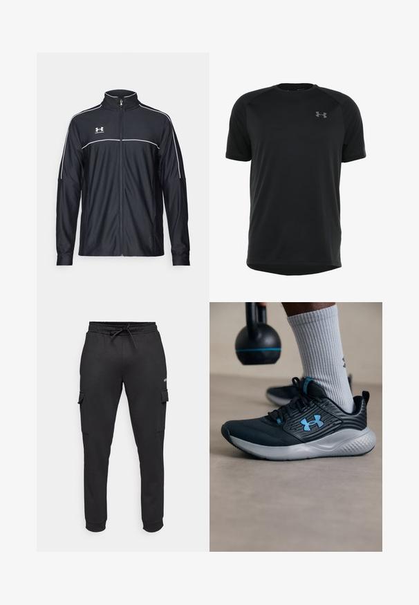 Črna športna jakna iz gladkega blaga, z visokim ovratnikom, polnim zadrgo in belim obrobljanjem ob ramenih in prsih.; Črna športna majica s kratkimi rokavi, narejena iz gladkega, lahkega materiala. Ima okroglo ovratnico in diskreten logotip na prsih.; Jack & Jones Performance JPSTGORDON JJBASIC ICE CARGO PANTS - Hlače - black; Črne atletske čevlje z modrimi detajli, teksturirano zgornjo plastjo in sivo podplato. Obuti z sivimi rebrastimi nogavicami, ob črnem kettlebellu.