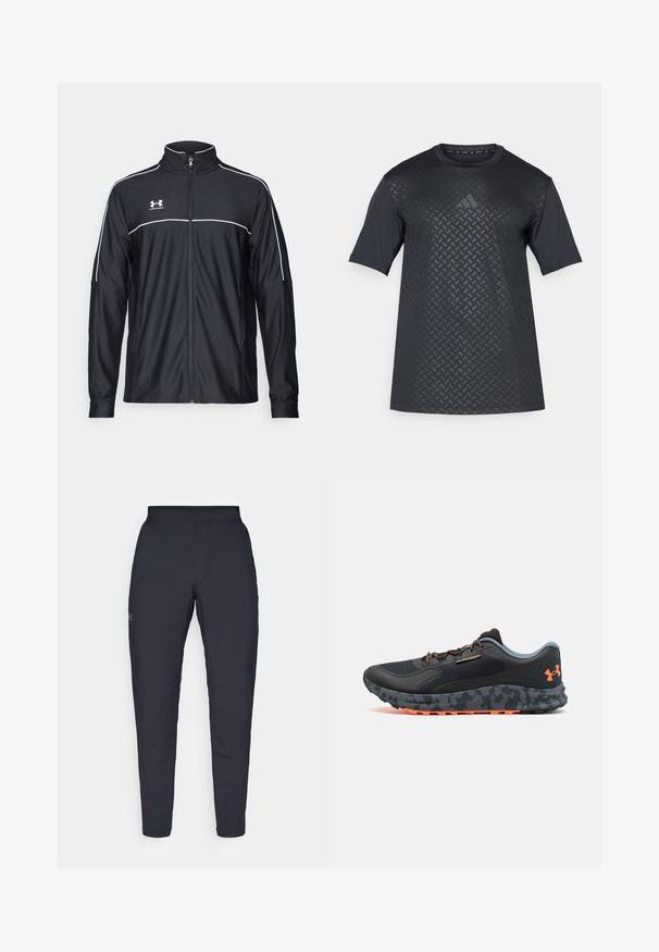 Musta urheilu takki, joka on valmistettu sileästä kankaasta. Takissa on korkea kaulus, täyspitkä vetoketju ja valkoiset tehosteet olkapäissä ja rinnassa.; Mustapaita lyhyillä hihoilla, jossa on teksturoitu geometrinen kuvio edessä ja sileä takaosa, valmistettu kevyestä ja hengittävästä materiaalista.; Mustat urheiluhousut, joissa on sileä pinta, kapea malli, joustava vyötäkuja ja sivutaskut. Vasemmassa reisissä on pieni logo.; Musta urheilukenkä, jossa on teksturoitu päällinen, harmaat yksityiskohdat, oranssia koristelua, maastokuvioitu pohja ja kengännyörijärjestelmä turvallisen istuvuuden takaamiseksi.