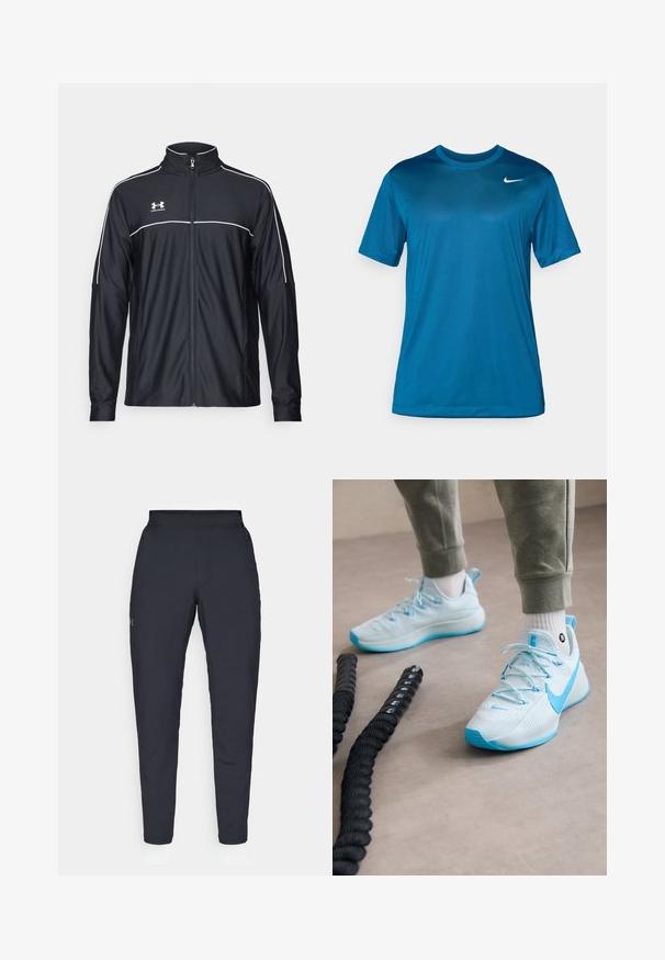 Svart treningsjakke laget av glatt stoff, med høy krage, full glidelås og hvite detaljer langs skuldrene og brystet.; Kortermet treningsskjorte i blått, laget av glatt, fukttransporterende stoff. Har rund halsutskjæring og en liten logo på brystet.; Sorte treningbukser med glatt tekstur, smal passform, elastisk midjebånd og sidelommer. Har en liten logo på venstre lår.; Lyseblå treningssko med teksturert materiale, fremtredende snøring og mønstret såle. Bært med grå joggebukser og hvite sokker.