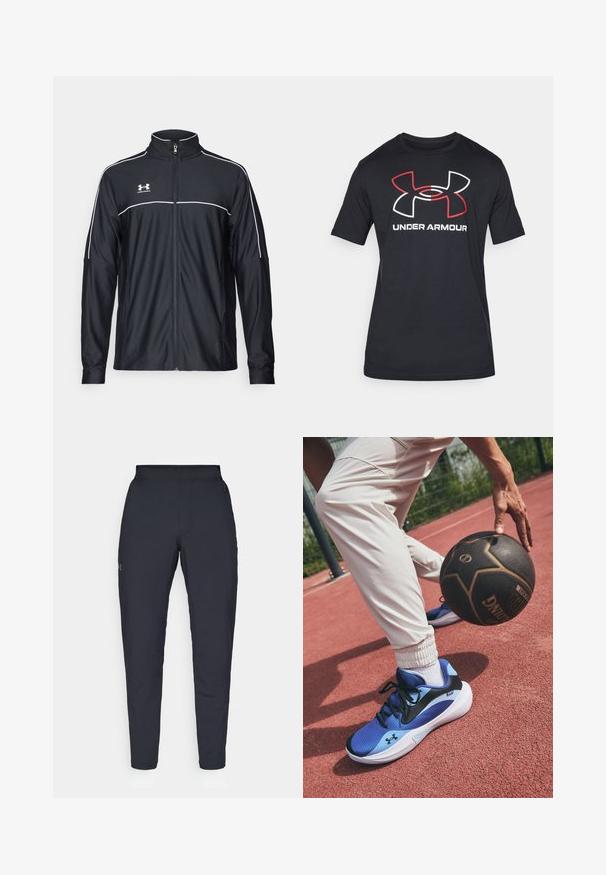Juodas sportinis džemperis, pagamintas iš lygaus audinio, turintis aukštą apykaklę, pilną užtrauktuką ir baltą apvadą palei pečius ir krūtinę.; Juodas trumpas rankovės marškinėliai pagaminti iš lengvos medžiagos, su dideliu raudonu ir baltu "Under Armour" logotipo spaudiniu priekyje.; Juodos sportinės kelnės su lygiu paviršiumi, siauru siluetu, elastingu juosmeniu ir šoninėmis kišenėmis. Mažas logotipas yra kairėje šlaunyje.; Mėlynos sportinės bateliai su juodu swoosh, tekstūruota viršutinė dalis ir balta pado dalis. Baltos kelnės su elastinėmis apykaklėmis, išdėstytos ant raudonos aikštės paviršiaus.