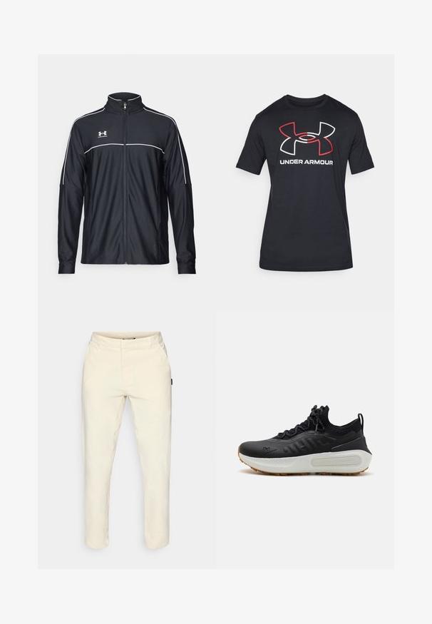 Črna športna jakna iz gladkega blaga, z visokim ovratnikom, polnim zadrgo in belim obrobljanjem ob ramenih in prsih.; Črna kratkotrajna majica z kratkimi rokavi, izdelana iz lahkega materiala, s velikim rdečim in belim logotipom Under Armour na sprednji strani.; Bež hlače iz gladkega blaga, s krojem naravnih nogavic, dvema stranskima žepoma in diskretno označbo blagovne znamke na strani.; Črne športne copate z teksturirano zgornjimi deli, ovratnikom, podoben nogavici, s sivo vezalko ter belim srednjim podplatom, ki ima vzorčasto zasnovo, in gumijastim podplatom.