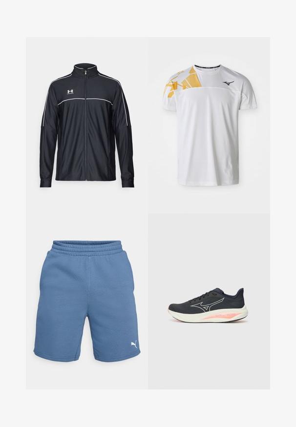 Mustmust rõivakate, mis on valmistatud siledast kangast, kõrge kraega, täispika tõmblukuga ja valgete ääristega õlgadel ja rinnaosas.; Valge sportlik t-särk, millel on üks õlg geomeetrilise kollase disainiga, sile tekstuur, ümmargune kaelus ja tumehall logo.; Sinised sportlikud lühikesed püksid elastse vöökohtaga, siledast materjalist, valge Puma logo paremas alumises sääres.; Must musta jooksujalanõud siledast kangast pealmise osaga, millel on valge logo, roosa aktsent tallal ja ümar varvaste disain.