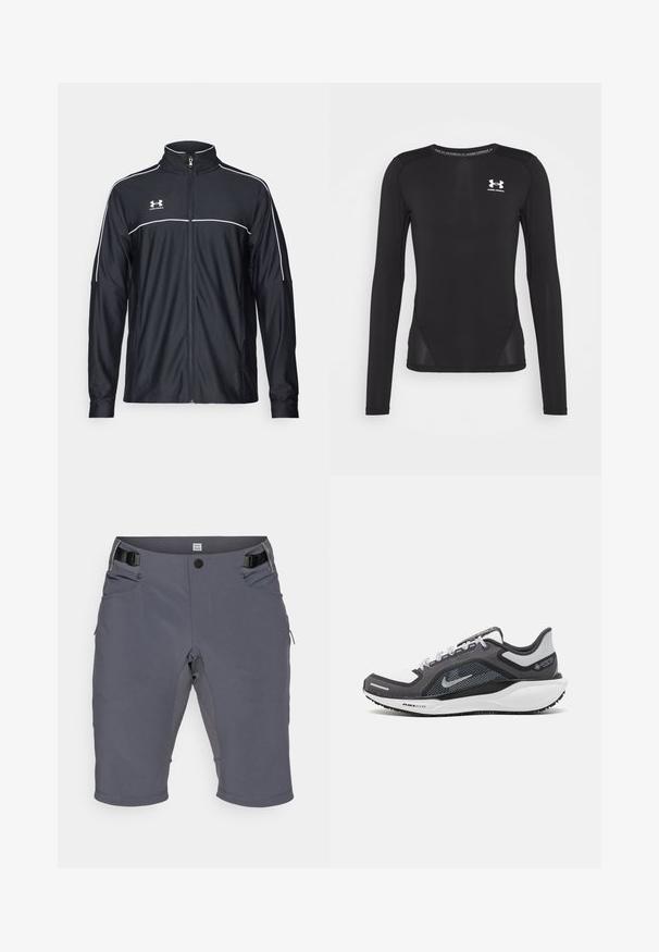 Mustmust rõivakate, mis on valmistatud siledast kangast, kõrge kraega, täispika tõmblukuga ja valgete ääristega õlgadel ja rinnaosas.; Must 黑色紧身运动长袖衫,由光滑、轻便的面料制成。具有合身设计和网眼侧边面板。胸前有Under Armour标志。; Hallide hallid, mis on valmistatud venivast kangast, varustatud nööbiga kinnitusega, reguleeritava vöökohtadega ja mitme küljetaskuga. Sile tekstuur, põlvekohale ulatuv lõige.; Mustern ja hallide värvusega spordijalats, millel on võrgusilmast ülemine osa, peegeldavad aktsendid ja valge vaheosa. Omab tekstuuriga kummist välisosa ja kingapaelu.