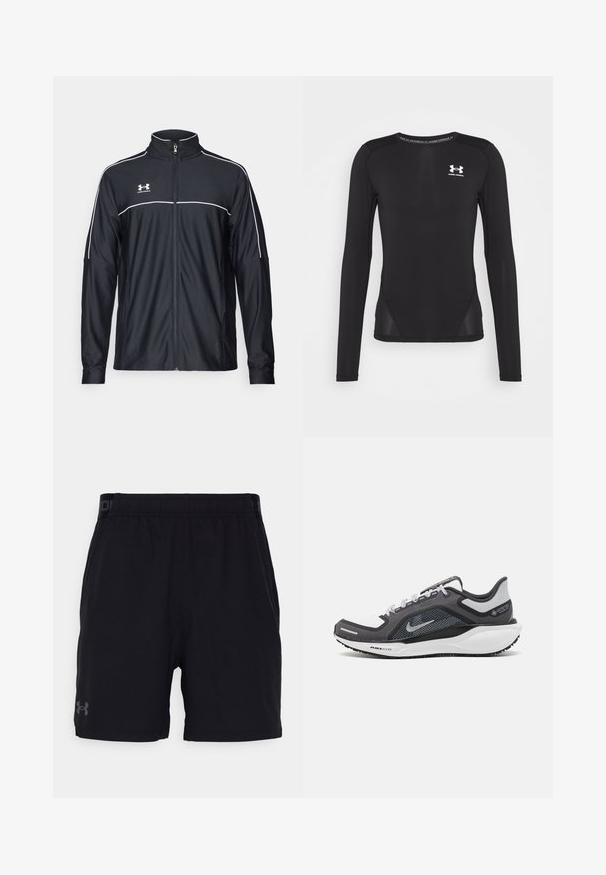 Črna športna jakna iz gladkega blaga, z visokim ovratnikom, polnim zadrgo in belim obrobljanjem ob ramenih in prsih.; Črna dolga športna majica z dolgimi rokavi, narejena iz gladkega in lahkotnega materiala. Ima prilegan kroj in mrežaste stranske panele. Na prsih je logotip Under Armour.; Črne športne kratke hlače z elastičnim pasom, s subtilnim logotipom v sivi barvi na levi nogi. Gladek material, dolžina do kolen.; Črne in sive atletske čevlje z mrežasto zgornjim delom, odsevnimi detajli in belim srednjim podplatom. Imajo strukturiran gumijast podplat in vezalke.
