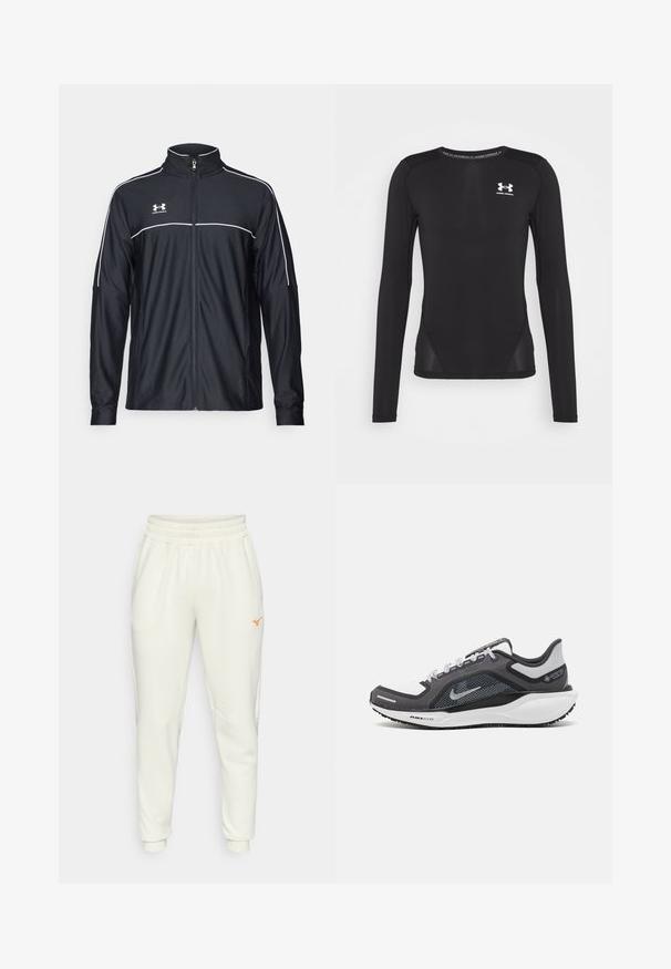 Giacca sportiva nera realizzata in tessuto liscio, con colletto alto, zip completa e piping bianco lungo le spalle e il petto.; Maglietta sportiva nera a maniche lunghe realizzata in tessuto leggero e morbido. Presenta un design aderente e pannelli laterali in rete. Logo Under Armour sul petto.; Pantaloni della tuta color crema realizzati in tessuto morbido, con vita elastica, tasche laterali e un logo arancione all'altezza dell'anca.; Scarpa da ginnastica nera e grigia con tomaia in rete, dettagli riflettenti e intersuola bianca. Presenta una suola in gomma testurizzata e lacci.