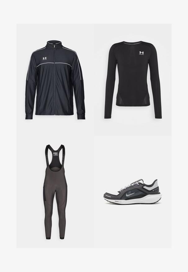 Zwarte sportjack van soepel materiaal, met een hoge kraag, volledige ritssluiting en witte piping langs de schouders en borst.; Zwarte lange mouwen sportshirt gemaakt van een gladde, lichte stof. Heeft een slim fit ontwerp en mesh zijpanelen. Under Armour-logo op de borst.; Zwarte fiets bibshorts met verstelbare bandjes, een gewatteerd zitgedeelte en textuurpanelen aan de zijkanten voor extra grip en ondersteuning.; Zwarte en grijze sportschoen met een bovenwerk van mesh, reflecterende accenten en een witte tussenzool. Beschikt over een gestructureerde rubberen zool en veters.