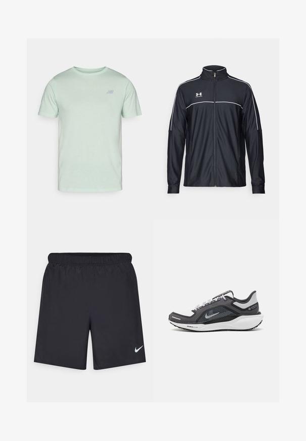 Jaqueta atlética preta feita de tecido liso, com gola alta, fecho éclair completo e detalhes em branco ao longo dos ombros e do peito.; T-shirt de manga curta verde menta claro, feito de tecido macio. Apresenta um logótipo cinza subtil no peito. Decote redondo clássico.; Calças de desporto pretas feitas de material leve com uma cintura elástica. Apresenta um pequeno logótipo branco da Nike no canto inferior esquerdo.; Sapatilha atlética preta e cinza com parte superior em malha, detalhes reflexivos e uma entressola branca. Apresenta uma sola de borracha texturizada e atacadores.