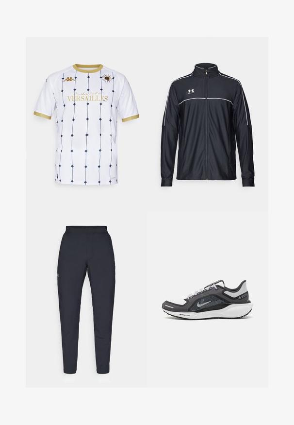 Μαύρο αθλητικό μπουφάν από λείο ύφασμα, με ψηλό γιακά, πλήρη φερμουάρ και λευκό ρέλι στους ώμους και στο στήθος.; Λευκή φανέλα με ναυτικό διαμάντι σχέδιο, χρυσές λεπτομέρειες και "Football Club de VERSAILLES" σε χρυσά γράμματα. Κοντά μανίκια και στρογγυλή λαιμόκοψη.; Μαύρο αθλητικό παντελόνι με λεία υφή, στενή εφαρμογή, ελαστική μέση και πλαϊνές τσέπες. Διαθέτει ένα μικρό λογότυπο στον αριστερό μηρό.; Μαύρο και γκρι αθλητικό παπούτσι με επάνω μέρος από διχτυωτό υλικό, ανακλαστικές λεπτομέρειες και λευκή μεσαία σόλα. Διαθέτει υφή από καουτσούκ στην εξωτερική σόλα και κορδόνια.