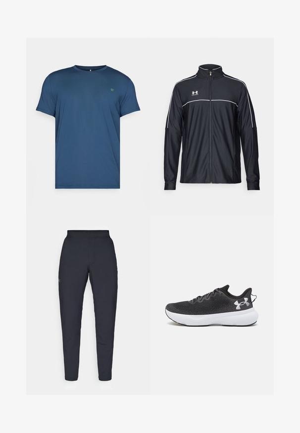 Musta urheilu takki, joka on valmistettu sileästä kankaasta. Takissa on korkea kaulus, täyspitkä vetoketju ja valkoiset tehosteet olkapäissä ja rinnassa.; Sininen lyhythihainen t-paita, joka on valmistettu pehmeästä kankaasta. Ominaisuuksiin kuuluu pyöreä kaula-aukko ja pieni vihreä logo vasemmassa rinnassa. Sujuva rakenne, rento istuvuus.; Mustat urheiluhousut, joissa on sileä pinta, kapea malli, joustava vyötäkuja ja sivutaskut. Vasemmassa reisissä on pieni logo.; Mustat urheilukengät, joissa on teksturoitu verkkopinta, valkoinen vaimennussole ja mustat nauhat, joissa on näkyvä valkoinen logo kantapäässä.