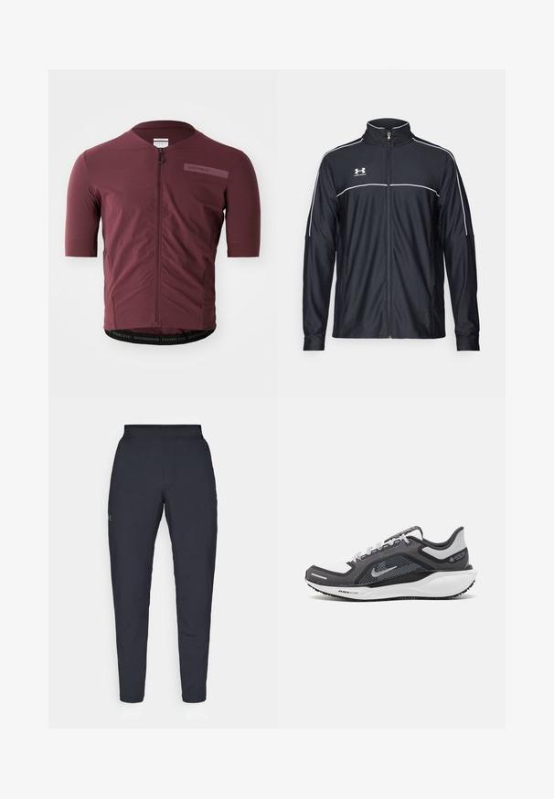 Melnā sporta jaka, izgatavota no gludas auduma, ar augstu apkakli, pilnu rāvējslēdzēju un baltu apdari gar pleciem un krūtīm.; Īsām piedurknēm velo kreklā tumši bordo krāsā, kurā ir apaļa rāvējslēdzēja, teksturēta auduma un kontrastējoša melna josla ar "PREMIO EVO" tekstu apakšējā malā.; Melnas sporta bikses ar gludu tekstūru, šauru piegriezumu, elastīgu jostu un sānu kabatām. Uz kreisā augšstilba ir mazs logs.; Melnas un pelēkas sporta kurpes ar tīklu augšdaļu, atstarojošiem akcentiem un baltu starpzoli. Aprīkotas ar teksturētu gumijas zoli un šņorēm.