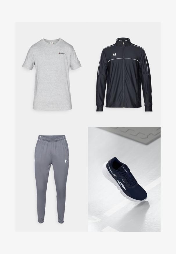 Jachetă sport neagră dintr-un material neted, cu guler înalt, fermoar complet și dungi albe pe umeri și piept.; Tricou gri cu mânecă scurtă, fabricat dintr-un amestec de bumbac. Dispune de un mic logo brodat "Champion" în zona stângă a pieptului.; Pantaloni atletici gri cu talie elastică, buzunare laterale și accente albe. Realizați dintr-un material neted și ușor.; Pantofari sportivi navy cu un exterior texturat, accente albe și o talpă căptușită. Prezintă un design cu șireturi și un logo pe limbă.