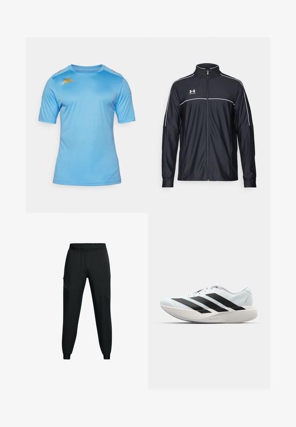 Mustmust rõivakate, mis on valmistatud siledast kangast, kõrge kraega, täispika tõmblukuga ja valgete ääristega õlgadel ja rinnaosas.; Heledsinine lühikeste varrukatega spordipaita, mis on valmistatud siledast kangast. Kaunistatud kuldsete logosuurendustega õlavarre õmblustel. Lihtne ümar kaelaauk.; Musthave mustamaadid sportlikud püksid elastse vöökohaga, kitseneva jala disainiga, küljetaskudega ja kontrastsete paneelide detailidega. Kerge, sileda kangaga.; Kerged jooksujalatsid helesinises värvuses mustade triipudega. Omavad siledat pealispinda, ümarat varvase osa ja paksu valget vahemõõtu, millel on silt "LIGHTSTRIKE PRO".