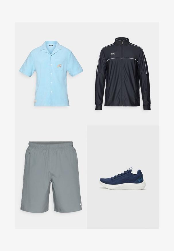 Černá sportovní bunda vyrobena z hladké látky, s vysokým límcem, plným zipem a bílým prošíváním podél ramen a hrudi.; Světle modrá košile s krátkým rukávem vyrobená z měkkého froté materiálu. Disponuje límečkem, přední kapsou s vyšitým detailem a knoflíkovým zapínáním.; Šedé sportovní šortky s elastickým pasem, bočními kapsami a malým bílým logem v dolním pravém rohu. Hladká textura.; Námořnické běžecké boty s texturovaným pleteným svrškem, bílou mezipodešví a potenciálním logem. Vyznačují se nízkým profilem a šněrováním.