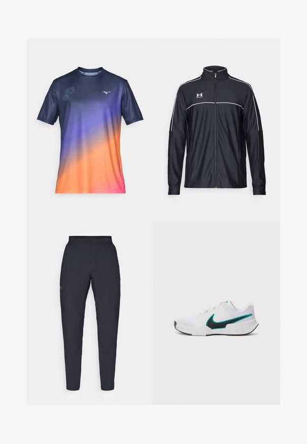 Crna sportska jakna od glatkog materijala, s visokim ovratnikom, punim zatvaračem i bijelim detaljima duž ramena i grudnog dijela.; Majica kratkih rukava za sport u gradijentu tamnoplave, ljubičaste, narančaste i ružičaste boje. Sadrži suptilan cvjetni uzorak i logo na prsima. Glatka tkanina.; Crne sportske hlače s glatkom teksturom, uskih krojeva, elastičnim pojasom i bočnim džepovima. Imaju mali logo na lijevom bedru.; Bijela atletska cipela s teksturiranim mrežastim gornjim dijelom, crnim gumiranim potplatom i akcentom u boji tirkizne na Nike swoosh oznaci. Ima vezice i podstavljeni ovratnik.