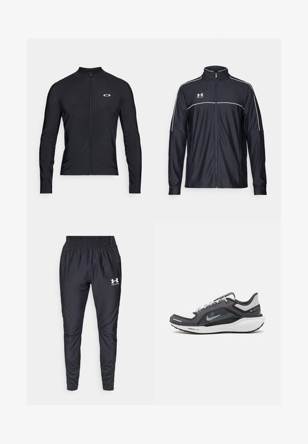 Black athletic jacket made of smooth fabric, featuring a high collar, full zipper, and white piping along the shoulders and chest.; Black long-sleeve zip-up shirt made of lightweight fabric; features a round collar and small logo printed on the upper left side.; Under Armour PRO PANT - Tracksuit bottoms - black/white; Black and gray athletic shoe with a mesh upper, reflective accents, and a white midsole. Features textured rubber outsole and laces.