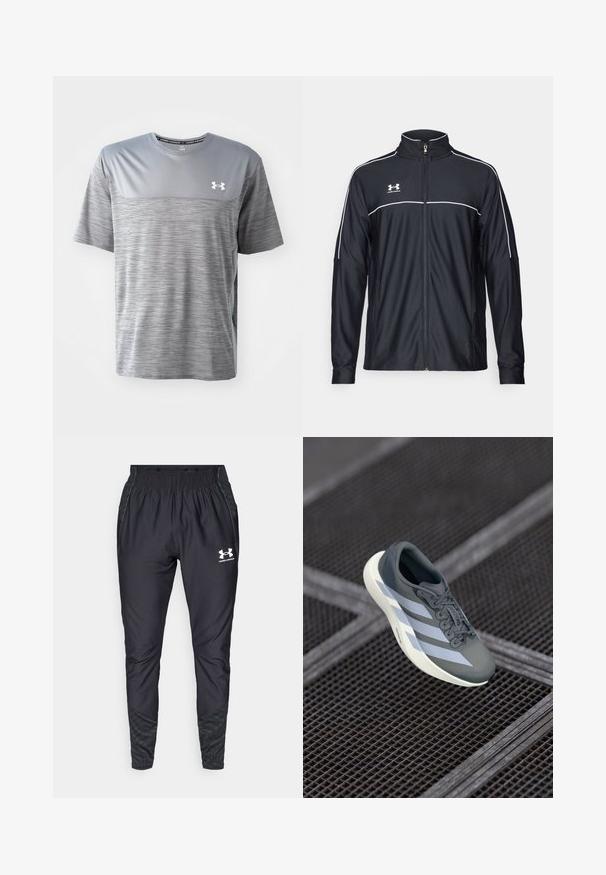 Svart treningsjakke laget av glatt stoff, med høy krage, full glidelås og hvite detaljer langs skuldrene og brystet.; Grå atletisk t-skjorte laget av pustende stoff. Har et glatt toppanel, teksturert underkropp, og Under Armour-logo på brystet.; Under Armour PRO PANT - Joggebukse - black/white; Sportsko leketøy i grått og hvitt, laget av syntetisk materiale, med et strømlinjeformet design, teksturert overflate og fremtredende snøresystem.