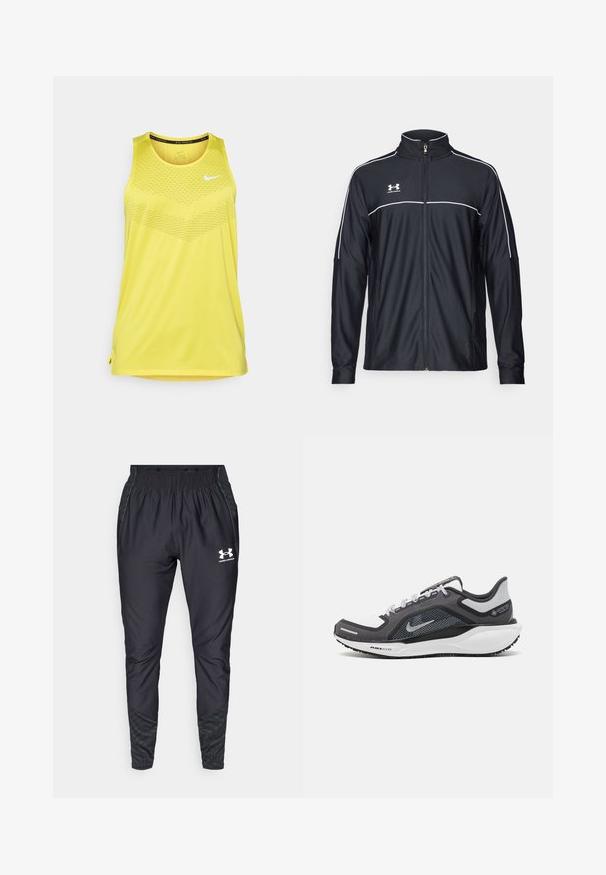 Svart treningsjakke laget av glatt stoff, med høy krage, full glidelås og hvite detaljer langs skuldrene og brystet.; Gul atletisk tanktopp med rund hals, teksturert overdel og sidespalter for bedre bevegelighet. Nike-logo i hvitt.; Under Armour PRO PANT - Joggebukse - black/white; Svart og grå atletisk sko med mesh-overdel, refleksdetaljer og hvit mellomsåle. Har strukturert gummisåle og lisser.