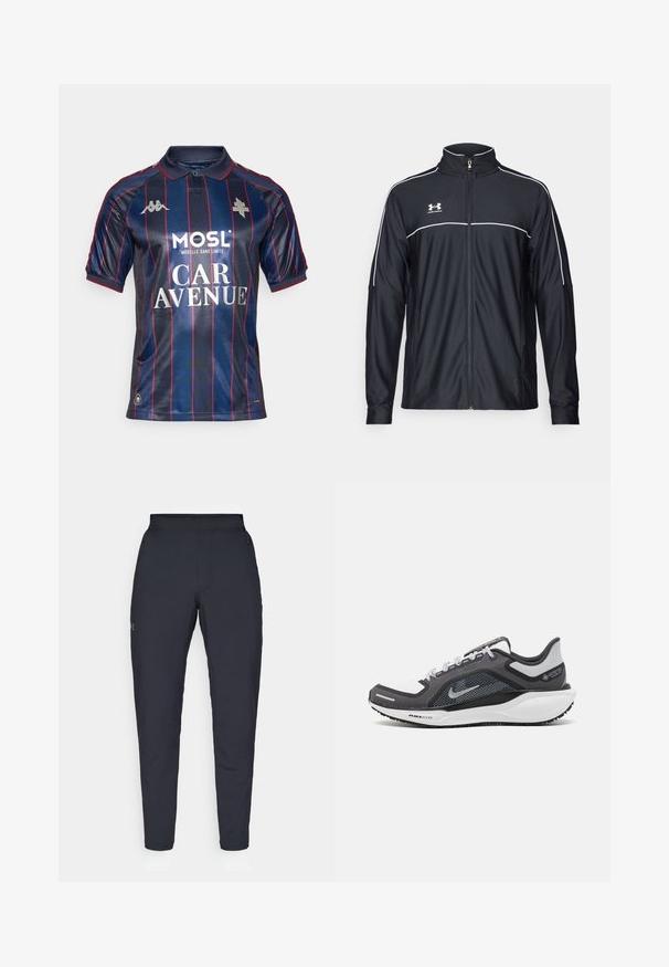 Μαύρο αθλητικό μπουφάν από λείο ύφασμα, με ψηλό γιακά, πλήρη φερμουάρ και λευκό ρέλι στους ώμους και στο στήθος.; Ναυτικές μπλε πόλο μπλούζες με κάθετες κόκκινες ρίγες, κοντά μανίκια, γιακά και ασημένια λογότυπα. Διαθέτει εκτυπωμένο κείμενο χορηγού σε λευκό χρώμα.; Μαύρο αθλητικό παντελόνι με λεία υφή, στενή εφαρμογή, ελαστική μέση και πλαϊνές τσέπες. Διαθέτει ένα μικρό λογότυπο στον αριστερό μηρό.; Μαύρο και γκρι αθλητικό παπούτσι με επάνω μέρος από διχτυωτό υλικό, ανακλαστικές λεπτομέρειες και λευκή μεσαία σόλα. Διαθέτει υφή από καουτσούκ στην εξωτερική σόλα και κορδόνια.