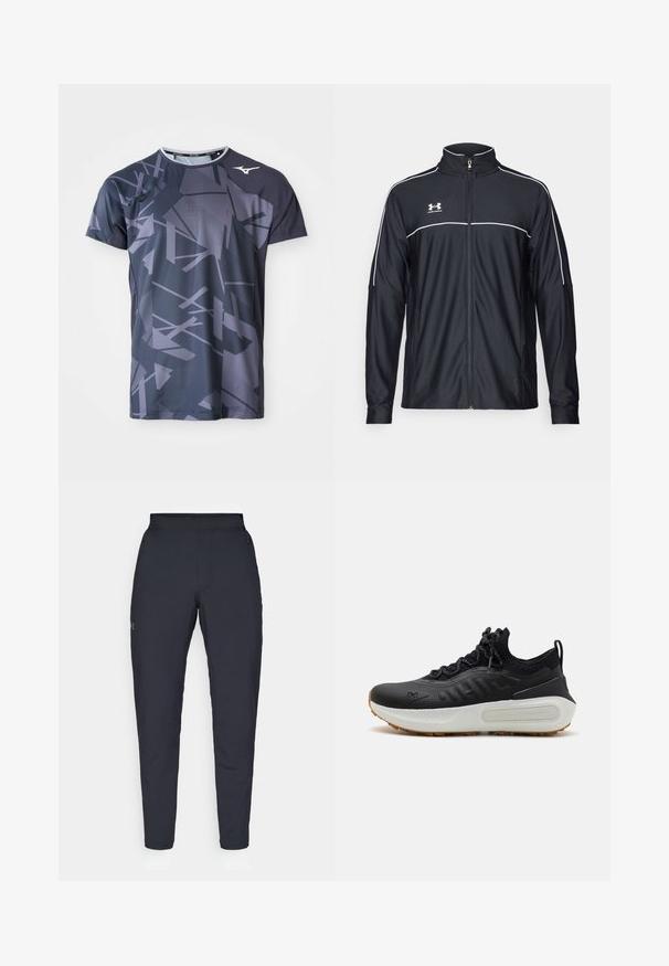 Black athletic jacket made of smooth fabric, featuring a high collar, full zipper, and white piping along the shoulders and chest.; Sport t-shirt made of lightweight fabric, featuring a dark gray base with abstract light gray geometric patterns and a round neck design.; Black athletic pants with a smooth texture, slim fit, elastic waistband, and side pockets. Features a small logo on the left thigh.; Black athletic shoe with a textured upper, sock-like collar, gray laces, and a white midsole featuring a patterned design and gum outsole.